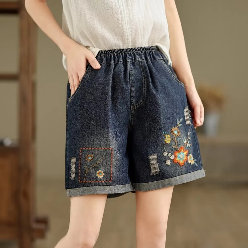 Ethnic-style Embroidered Hole Slim-fit Loose Embroidered Denim Shorts Summer Women's Old Loose Waist New Hot Pants