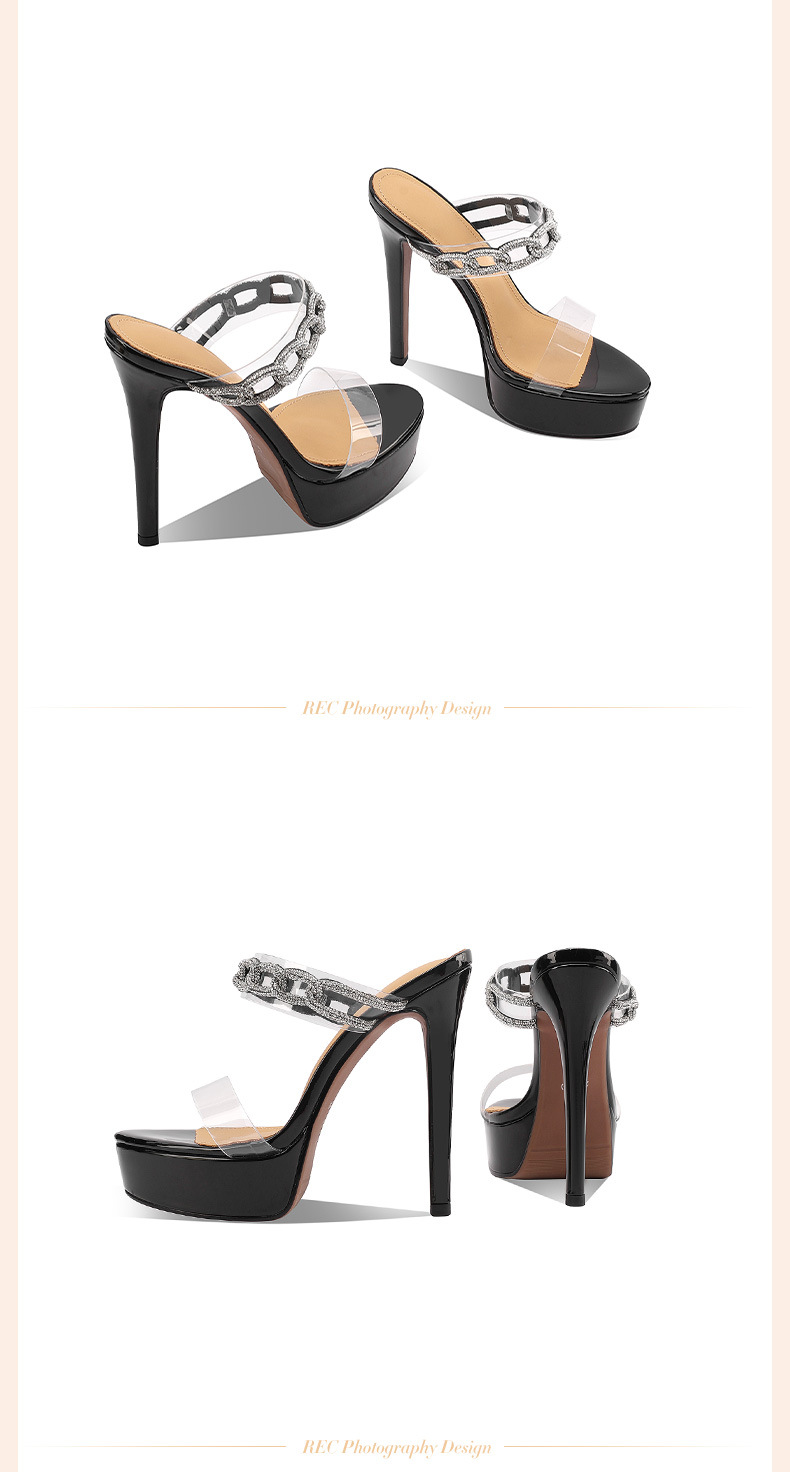 Sandal cao gót nữ quai ngang trong suốt đính đá, gót 13 cm, đế platform — Đen 13cm chi tiết 10