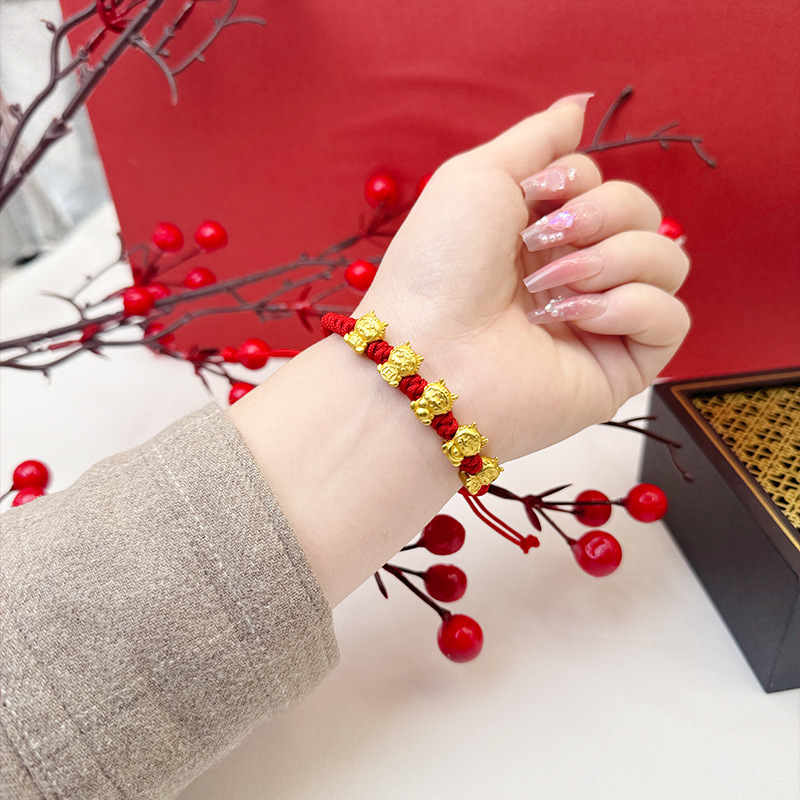 Wufu dragón rojo cuerda pulsera extraíble ajustable cuerda trenzada Vietnam arena oro suerte lindo dragón chapado en oro auspicioso significado regalo