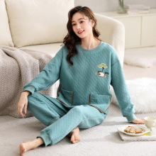冬季长袖纯棉女士睡衣夹层可外穿圆领套头宽松大码休闲家居服套装