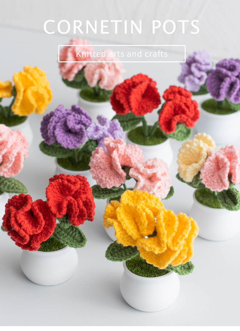 Hand-knitted double-headed carnation potted plants, finished woolen artificial flower ornaments, festival gifts, cross-border bestsellers at stalls pic 1