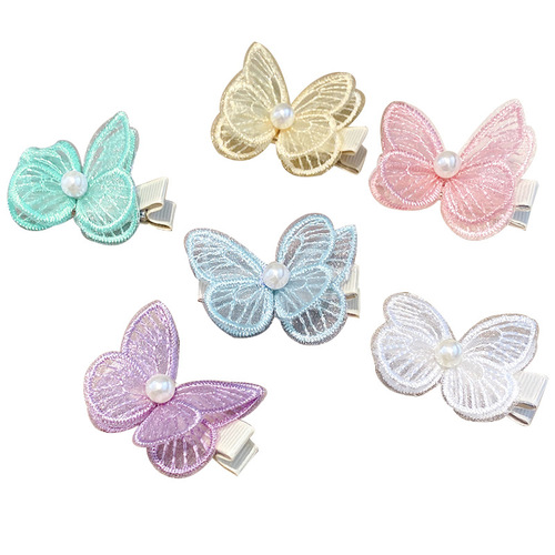 Children's double-layered pearl butterfly hairpin summer sweetheart girl cute princess baby hairpin duckbill hairpin