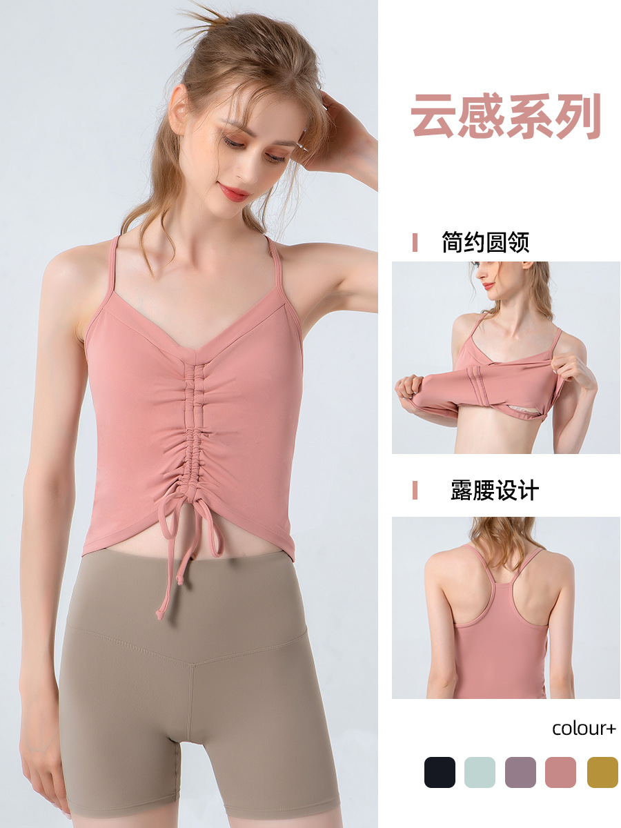 Nuevo top de yoga con tirantes y lazo para otoño e invierno, top de yoga ajustado y adelgazante con almohadillas en el pecho, camisola deportiva