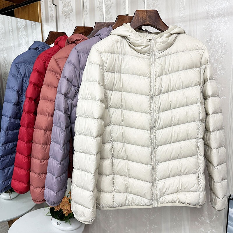 2026 New Women's Autumn and Winter 90% down Lightweight down Jacket with Hood and Stand Collar, Thin Style, Plus Size Coat