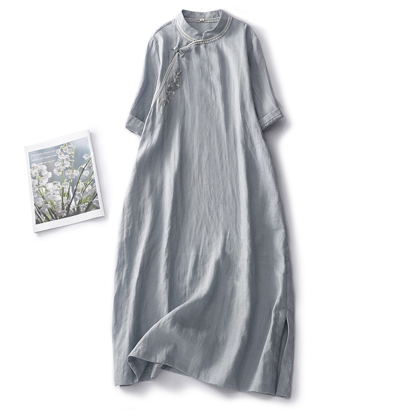 New Style Washed Linen Women's Clothing, Original New Chinese-Style Qipao, High-End Exquisite Embroidered Cotton and Linen Dress
