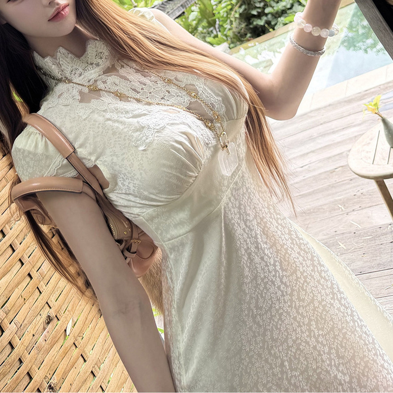 【Eton Beauty】 Shimmering Jacquard Satin Lace Pattern Dress, Sexy French Style 【Eton Beauty】 Shimmering Jacquard Satin Lace Pattern Dress, Sexy French Style