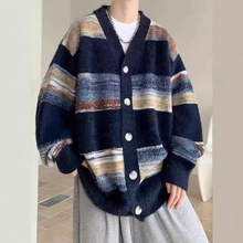 INS美式复古慵懒风渐变条纹开衫针织衫外套男女潮牌宽松情侣毛衣