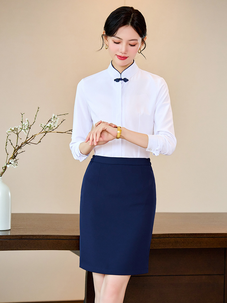 (2개) 흰색 긴팔 셔츠 여성 비즈니스 복장 호텔 리셉션 작업복 중국 식당 웨이터 작업복