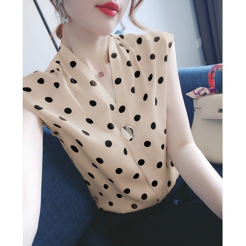 French-Style Polka Dot Chiffon Sleeveless Blouse for Women, 2026 Summer New Loose Slimming Top, Stylish and Elegant Blouse French-Style Polka Dot Chiffon Sleeveless Blouse for Women, 2026 Summer New Loose Slimming Top, Stylish and Elegant Blouse