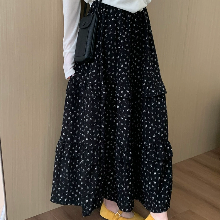 温柔气质单色碎花半裙2025夏季新款韩版高腰显瘦百搭半身长裙黑色