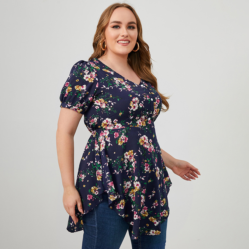 Plus Size Mid-Length V-Neck Short Sleeve Flower Print Top NSWCJ112800