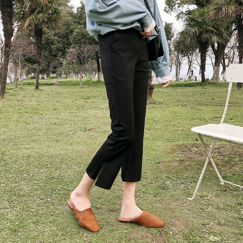 Black Ice Silk Cropped Pants Women's 2024 Summer Thin High Waist Slimming All-match Flare Pants Women's Trousers with Split