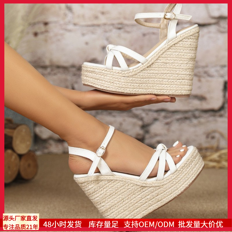 크로스보더 웨지힐 샌들, 속이 빈 대마 로프 직조 하이힐, 크로스 스트랩 보헤미안 스타일, 여성용 대형 웨지힐 하이힐 샌들