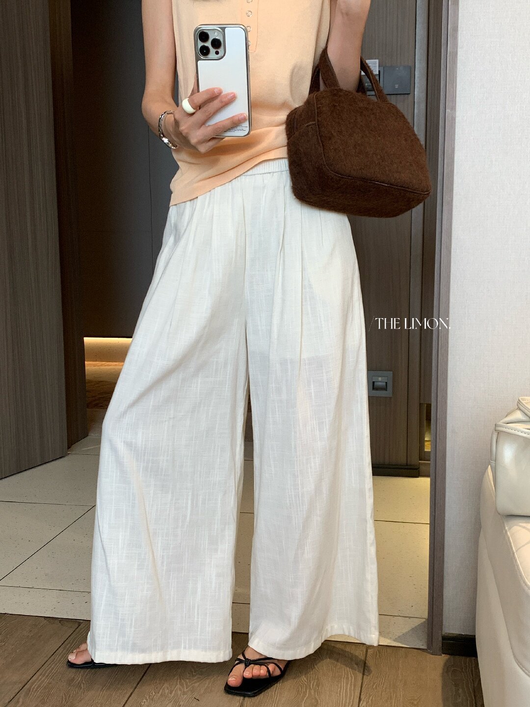Quần ống rộng nữ vải linen phối cotton dáng suông mùa hè — Xám gạo, Xanh xám nhạt, Xanh đen, Cam bí ngô chi tiết 21