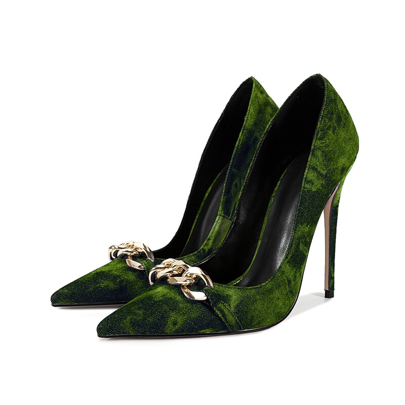2026 New Style French Pointed-Toe Stiletto Heels with Metal Chain Buckle, Denim Women's Shoes, Slimming, Elegant, and Versatile 2026 New Style French Pointed-Toe Stiletto Heels with Metal Chain Buckle, Denim Women's Shoes, Slimming, Elegant, and Versatile