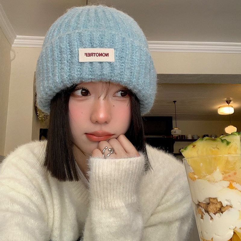 Blue Knitted Woolen Hat for Women 2025 Autumn and Winter Large Head Circumference Versatile Hat Showing Face Small Warm Ear Protection Cap
