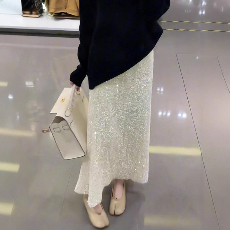 Heavy-Duty Shiny Fishtail Skirt for Women in Spring, Autumn and Winter, High-Waisted Slimming Look Hip-Hugging Skirt for Small People, Mid-Length Skirt for Women
