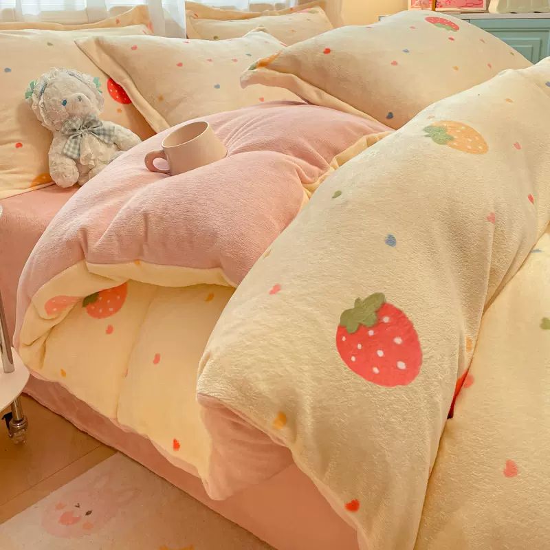 加厚小清新印花牛奶绒四件套双面加绒床单被套床笠学生宿舍三件套