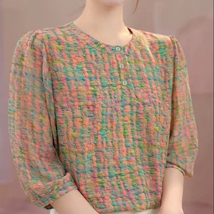 Summer Retro Floral Stand-Up Collar Double-Layer Baby Cotton Gauze Short-Sleeved Shirt, Artistic Loose Shirt, Women's Three-Quarter Sleeves
