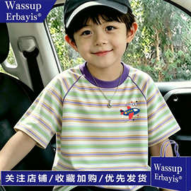 wass 条纹宽松百搭休闲儿童卡通印花夏季男童圆领短袖纯棉T恤上衣