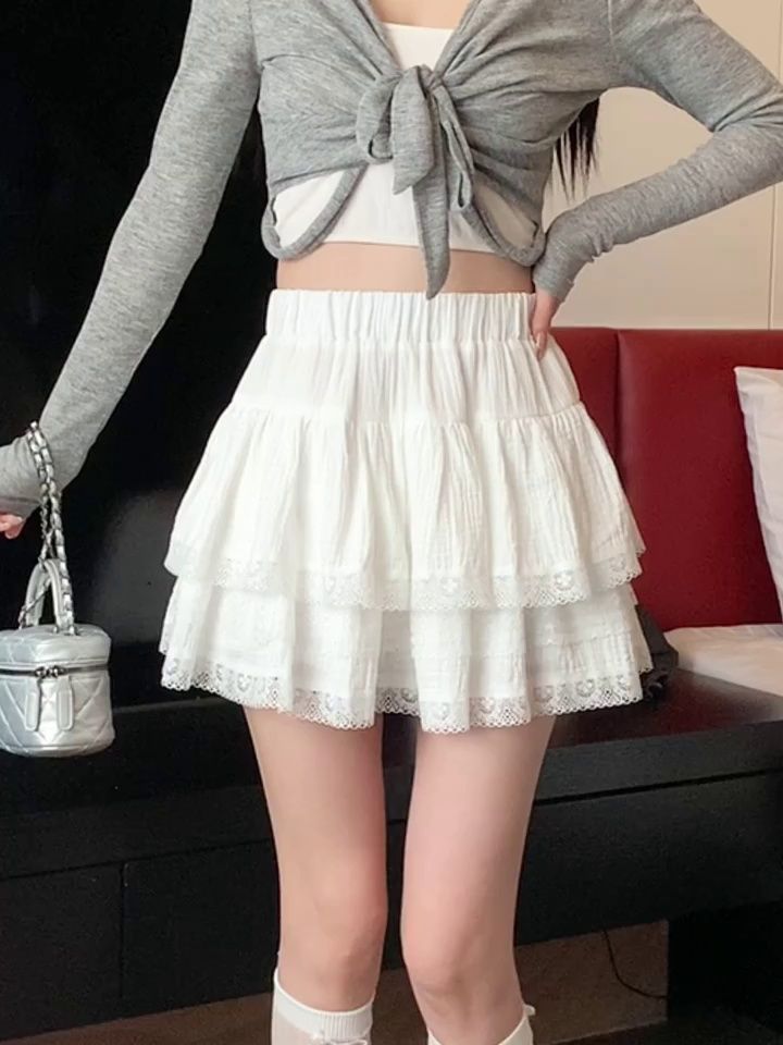Women's White High Waist Lace Skirt Summer Korean Style