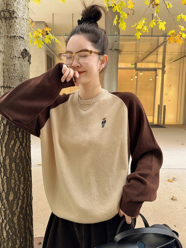莉贝琳sisy半糖小熊毛衣撞色插肩袖针织衫厚秋冬新款上衣女|undefined