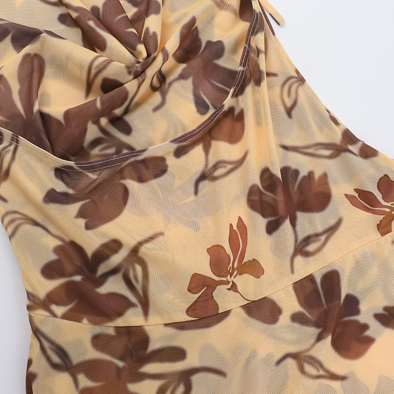 Sexy Pockets Collar Halter Backless Printed Dress Women Vacation Sexy Dress