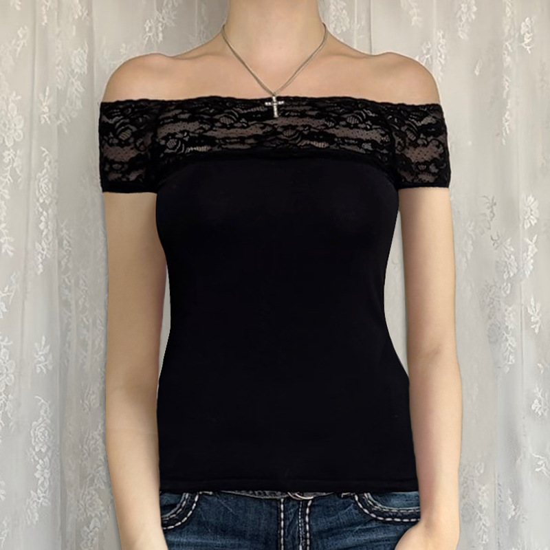 Off-shoulder Slim-fit Solid Color T-shirt Short Sleeve