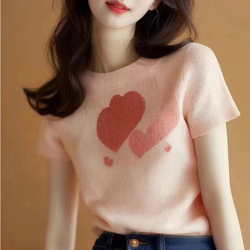 Áo thun dệt kim lụa tay ngắn họa tiết trái tim nữ tính — Màu hồng chi tiết 7