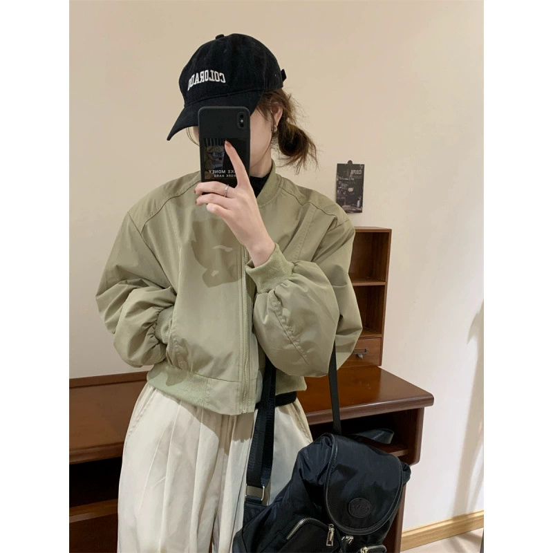 Свободная и высокая короткая красивая бейсбольная форма для женщин, весна и осень 2025, новый стиль, повседневная куртка с рукавами-фонариками и круглым вырезом, корейский стиль