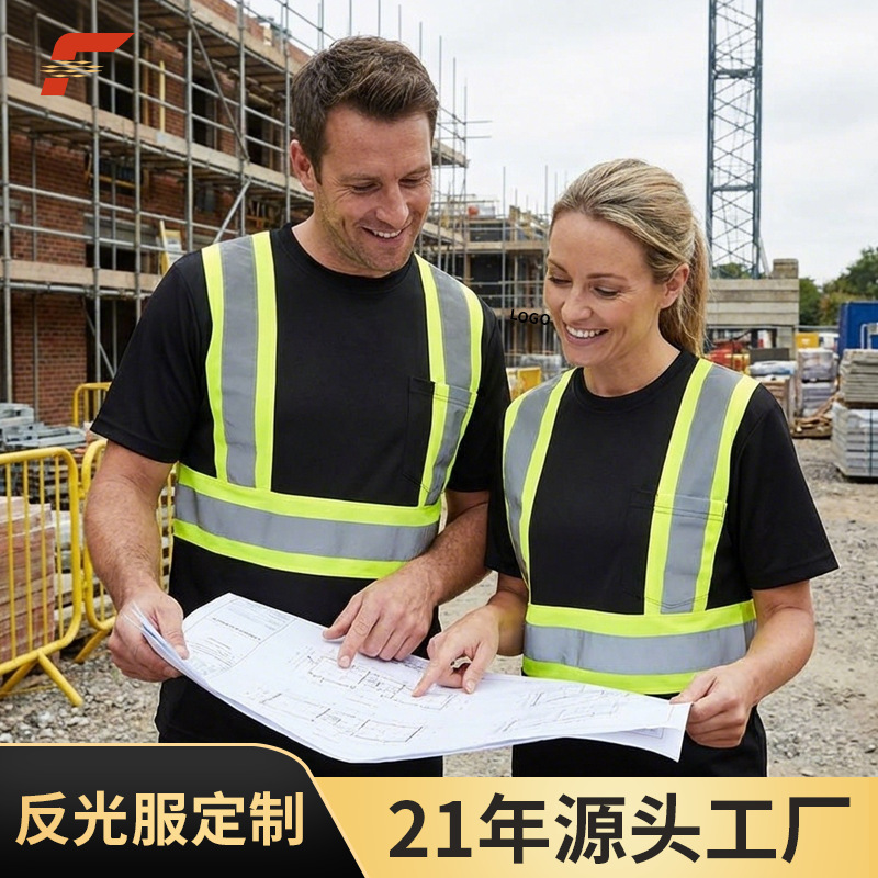European and American Cross-Border Black Quick-Drying Reflective Shirt T-Shirt Custom Logo Traffic Safety Reflective Strip Work Clothes Top