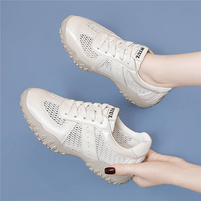 Giày sneaker nữ đế dày lưới da thật thoáng khí mùa hè 2025 phong cách Đức Huấn — Lưới JST 7233m màu, Lưới vàng JST 7233