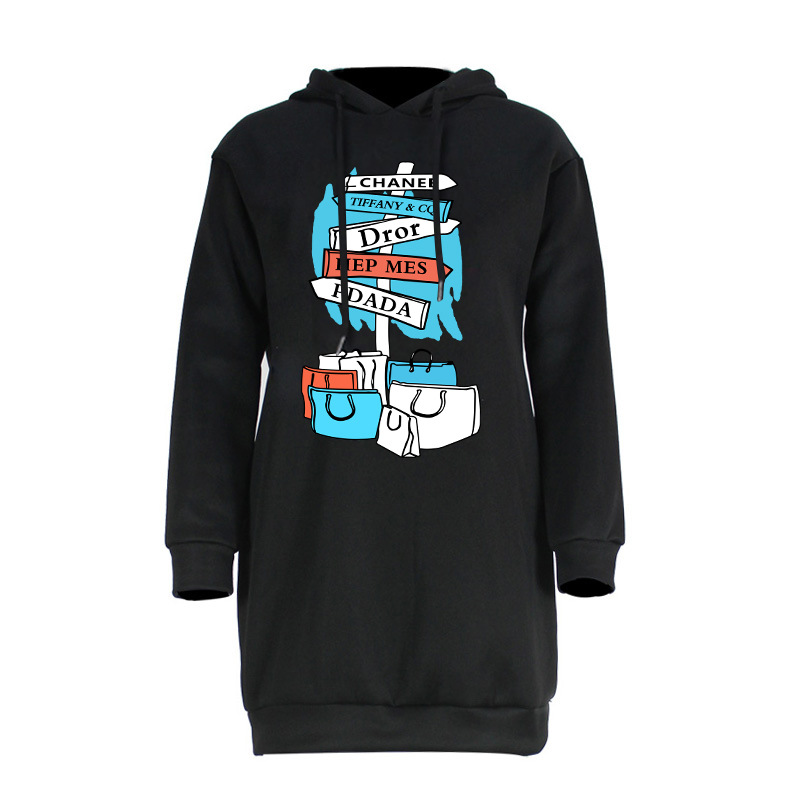 Autumn Winter Fleece Sweater Women Floral Print Hooded Mid Length Top