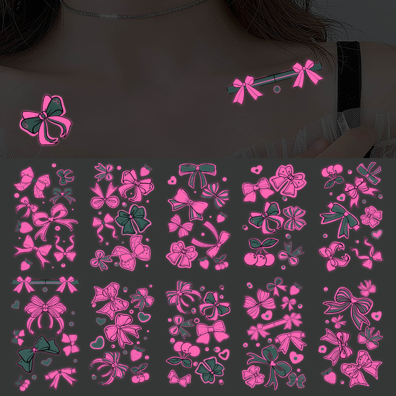 Cross-Border Quick-Release Red Luminous Tattoo Stickers High-End Bow Bar Party Temporary Fluorescent Tattoo Stickers Cross-Border Quick-Release Red Luminous Tattoo Stickers High-End Bow Bar Party Temporary Fluorescent Tattoo Stickers