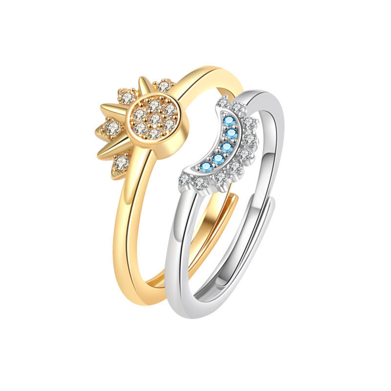 Anello aperto da donna impilabile con sole e luna tempestato di diamanti, in stile europeo-americano, dal design semplice e luminoso._voghion.com
