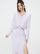 凡兔法式洋气小香风圆领紫色套装潮正品春季正品盐系穿搭两件套女