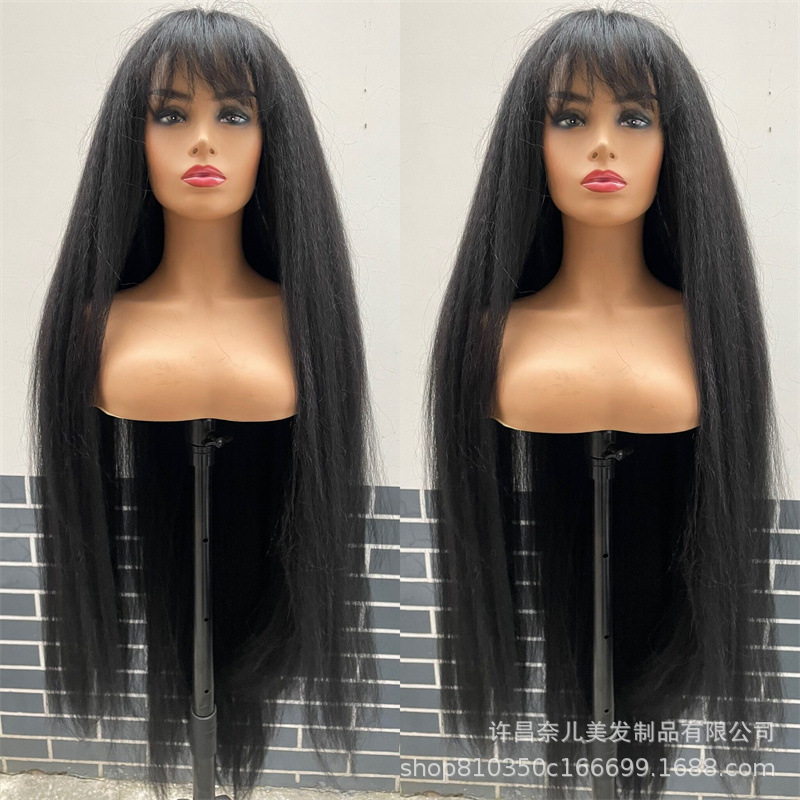 European and American African Headgear Wig Women's Full Headgear Large Jacques yaki Pattern Long Wig Headgear Long Straight Hair with Straight Bangs