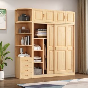 All Solid Wood Pine Sliding Door Wardrobe 1.2/1.4/1.6/1.8 Meters Two-Door Bedroom Log Kidsren's Wardrobe Cabinet