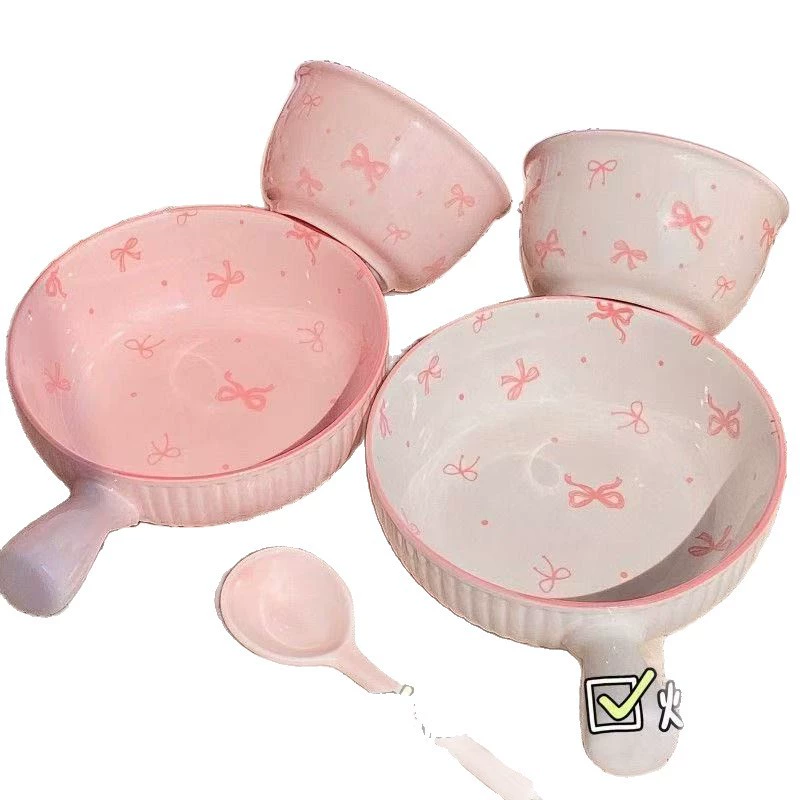 Ceramic Tableware Set, Butterfly-Handle Design, Home Dining Bowls & Plate (Pink/White)
