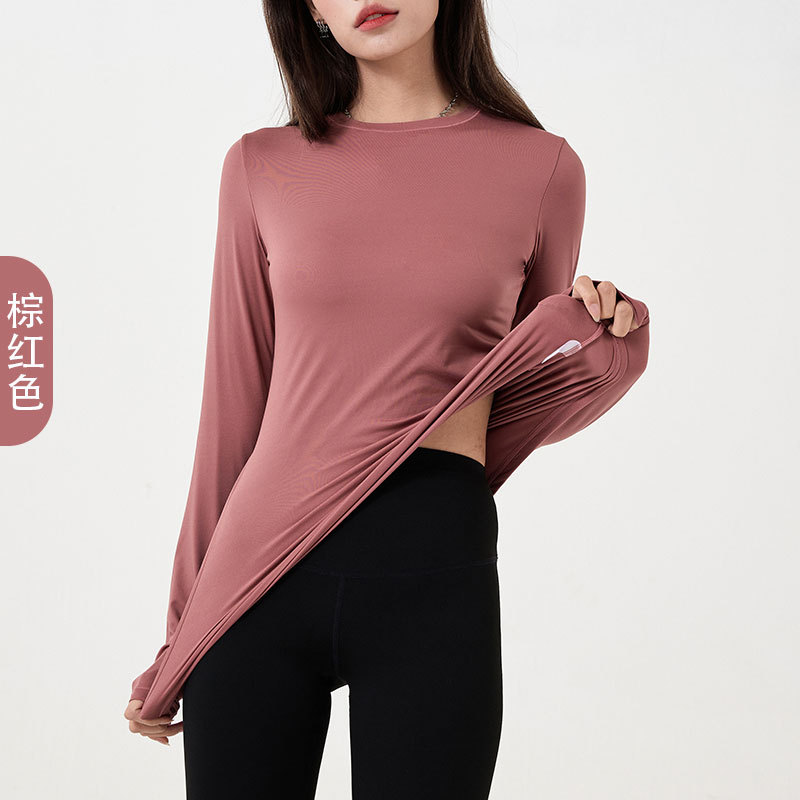 Primavera y verano nueva yoga de doble capa nube camisa suave de las mujeres cuello redondo dividido apretado deportes fitness superior desgaste exterior camisa de fondo