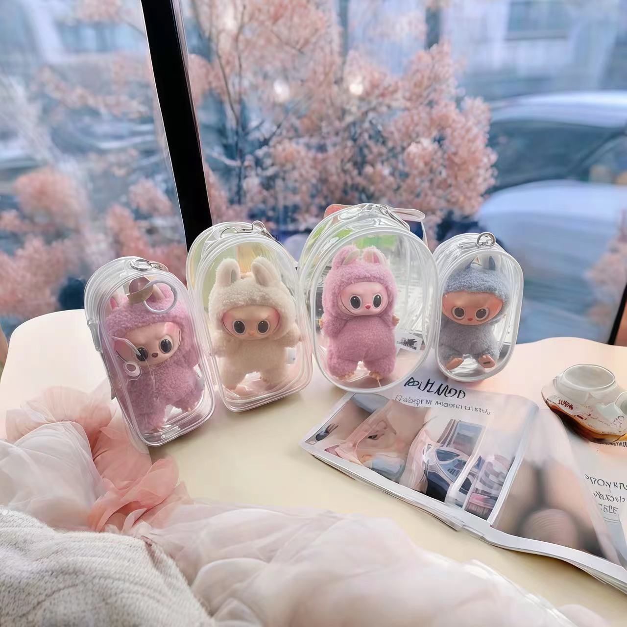 (2개) 18CM 면 인형 통증 가방 LABUBU 비닐 두꺼운 높은 투과성 인형 가방 귀여운 보호 걷는 인형 방진 보관