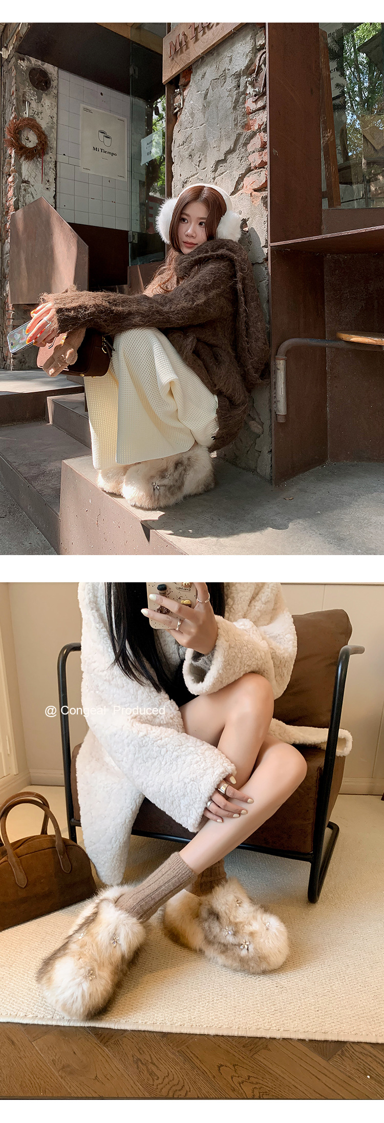 Sục nữ lông ấm đế dày đính đá phong cách Hàn Quốc — Lót lông màu nâu chi tiết 23