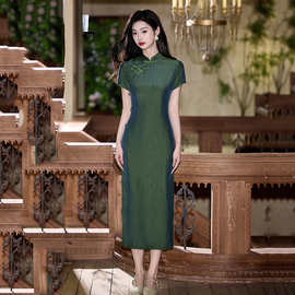 墨绿色国风中式长款旗袍改良年轻款2025新款女复古修身短袖春夏季