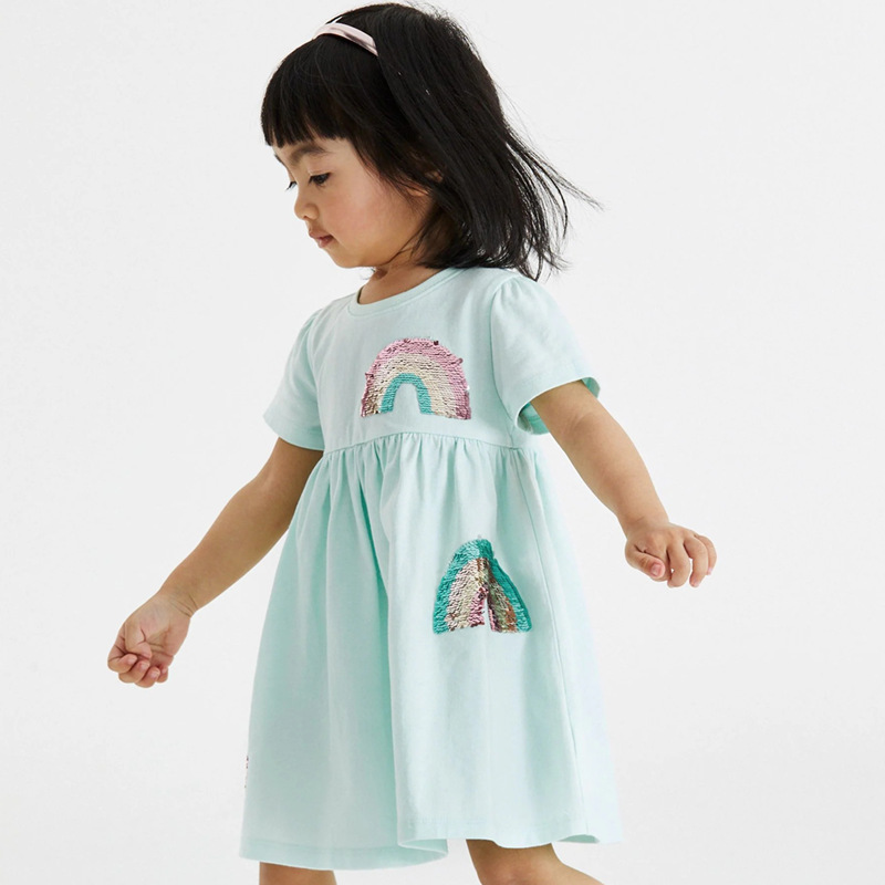 24 años de estilo europeo y americano verano nuevo vestido de las niñas de manga corta de punto de algodón lindo bordado vestido de los niños entrega de una sola pieza