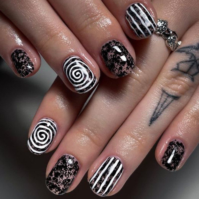 Cross-border wearing armor cool street style black spot white whirlpool line graffiti nail art short square nail art wholesale Cross-border wearing armor cool street style black spot white whirlpool line graffiti nail art short square nail art wholesale