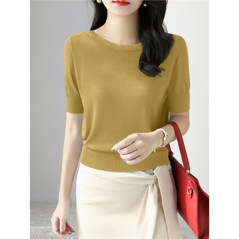 Lyocell Tencel Loose Slimming Ice Silk Women's Knitted Shirt Summer New Arrival Shoulder Collar Short Sleeve Top T-shirt