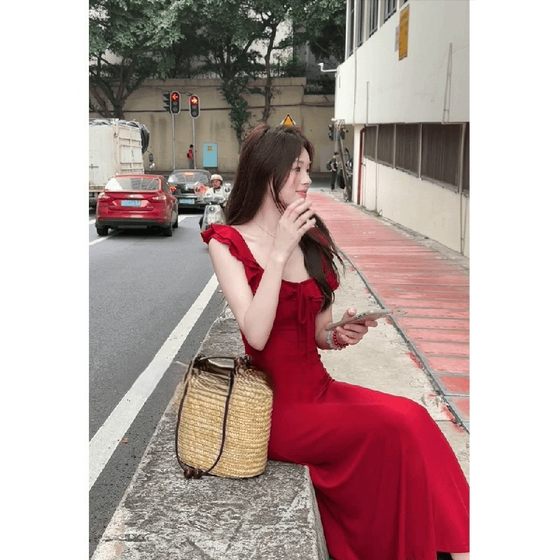 French Retro High-end wine red Sling dress Women's Summer New Elegant Waist Slimming Hip Mid-length Dress