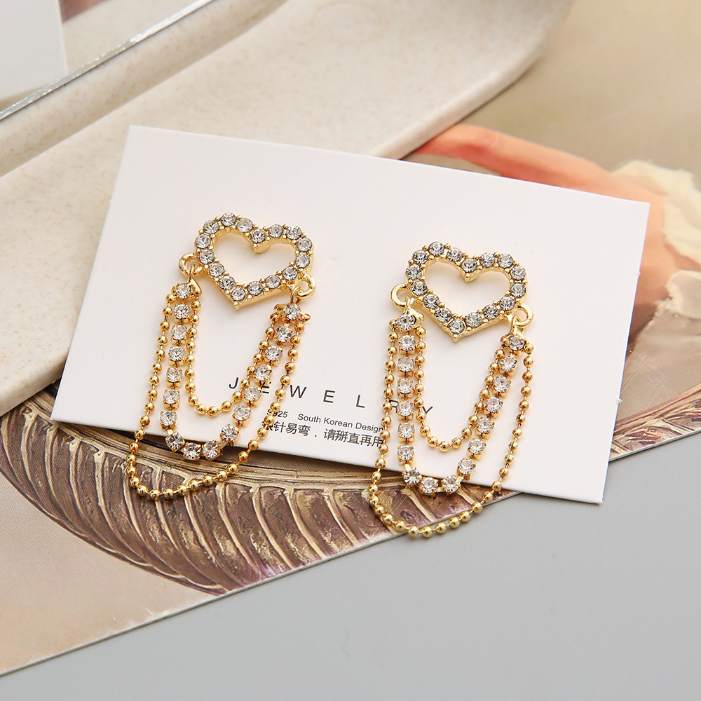 Shiny Heart Shape Alloy Hollow Out Rhinestones Earrings display picture 3