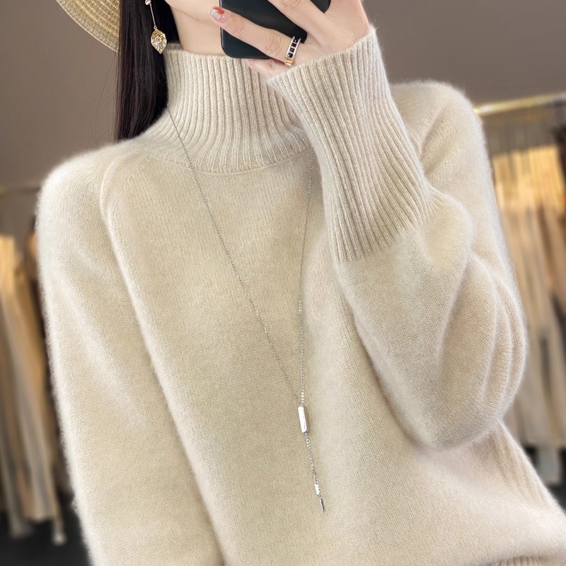 恒源祥纯羊毛针织衫女士高领套头秋冬季新款加厚毛衣宽松打底衫