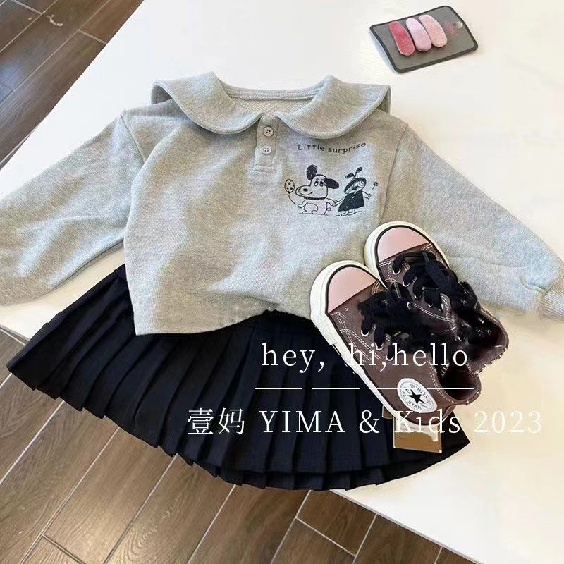South Korea children's clothing girls' 2023 autumn clothes Gray small printed Korean cute navy collar baby girls' fashion sweater
